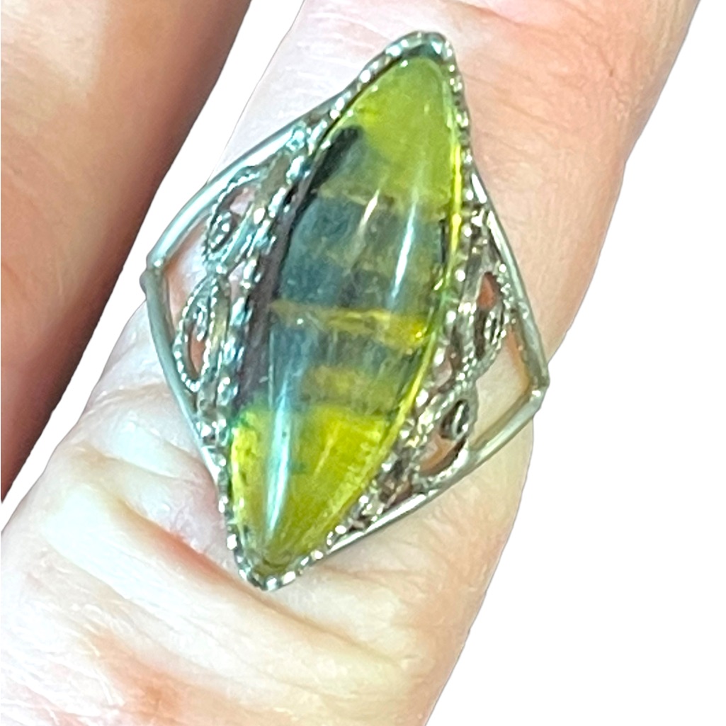 Antique Silver Ring With Fossil Like Setting Filagree Handmade Oblong